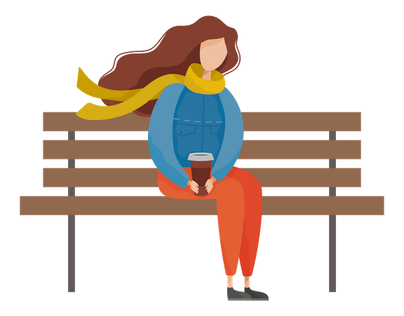 Girl drinking coffee while sitting on park bench  Illustration