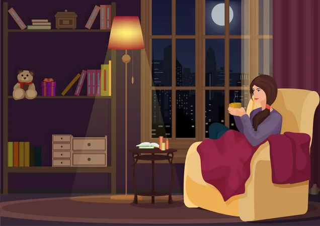 Girl drinking coffee while sitting on sofa  Illustration