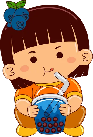 Girl drinking iced blueberry bubble tea  Illustration