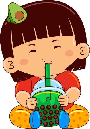 Girl drinking iced bubble avocado tea  Illustration