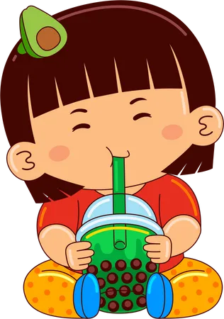 Girl drinking iced bubble avocado tea  일러스트레이션