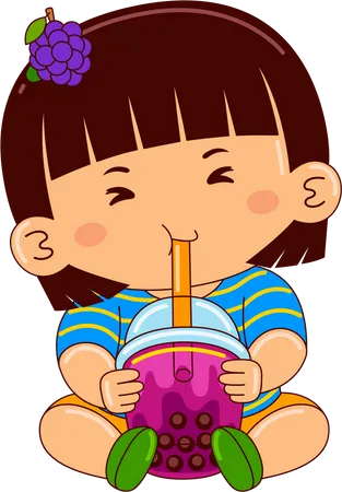 Girl drinking iced bubble grape tea  Illustration