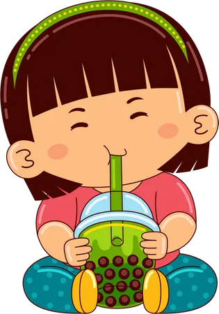 Girl drinking iced bubble green tea  일러스트레이션
