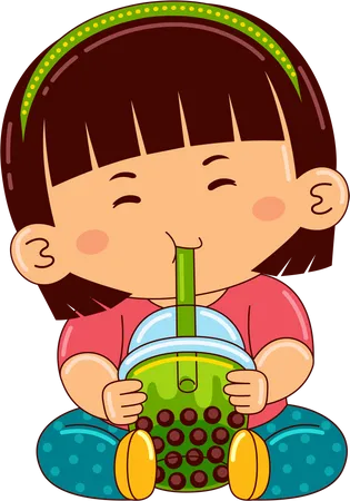 Girl drinking iced bubble green tea  Illustration