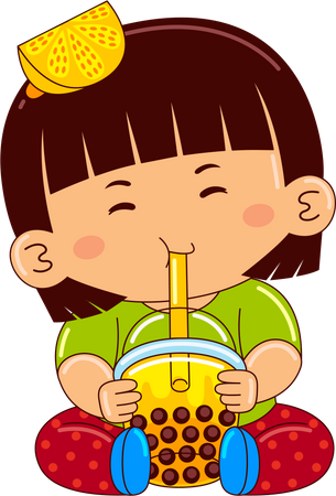 Girl drinking iced bubble lemon tea  Illustration