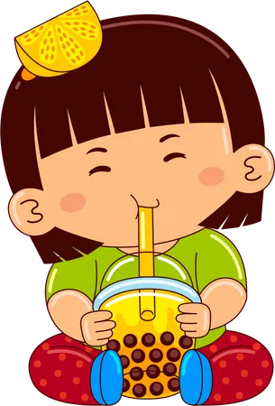 Girl drinking iced bubble lemon tea  Illustration