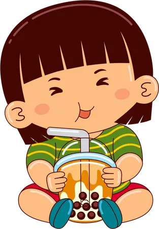 Girl drinking iced bubble milk tea  Illustration