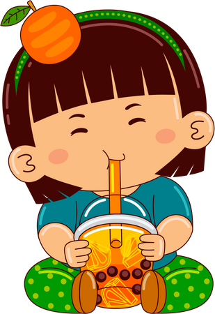 Girl drinking iced bubble orange tea  Illustration