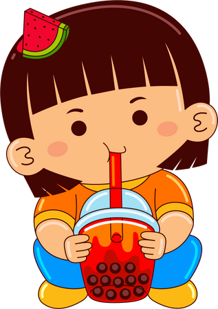 Girl drinking iced bubble watermelon tea  Illustration