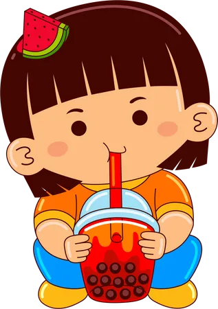 Girl drinking iced bubble watermelon tea  Illustration