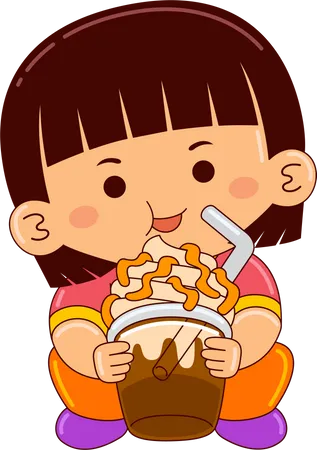 Girl drinking iced caramel macchiato  イラスト