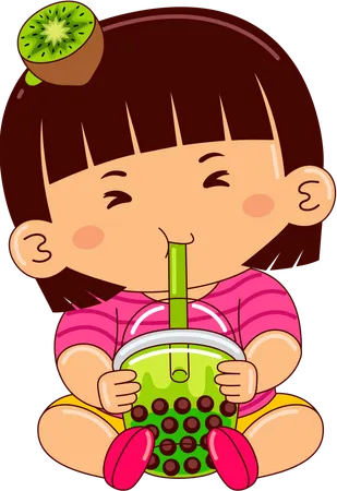 Girl drinking iced kiwi bubble tea  Illustration