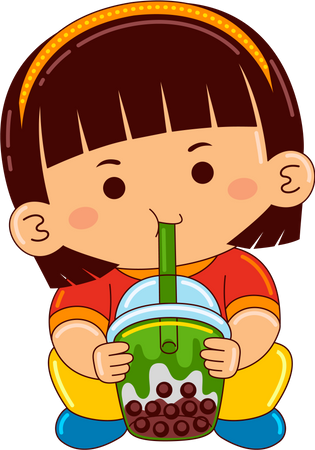 Girl drinking matcha bubble tea  イラスト