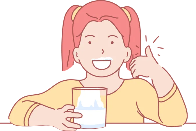 Girl drinking milk and showing thumbs up  Illustration