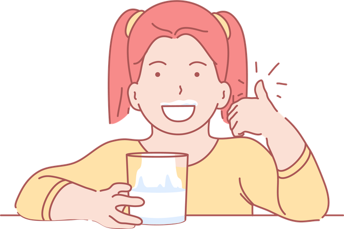 Girl drinking milk and showing thumbs up  Illustration