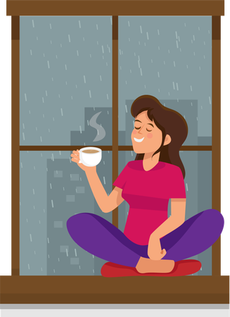 Girl drinking tea near window while raining outside  Illustration