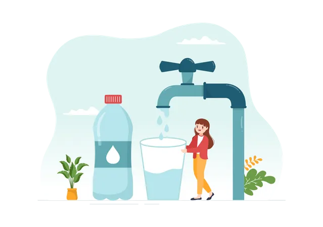 People Drinking Water From Plastic Bottles And Glasses With Pure Clean Fresh Concept In Flat Cartoon Hand Drawn Templates Illustration Illustration