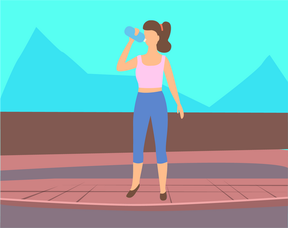 Girl drinking water from water bottle Illustration