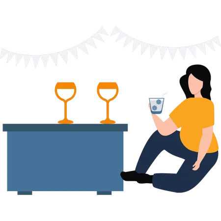 A Girl Is Drinking Wine Illustration