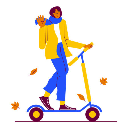 Girl Driving electric scooters at autumn day  Illustration