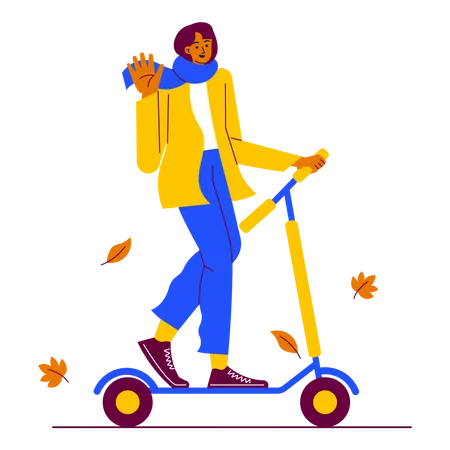 Girl Driving electric scooters at autumn day  Illustration