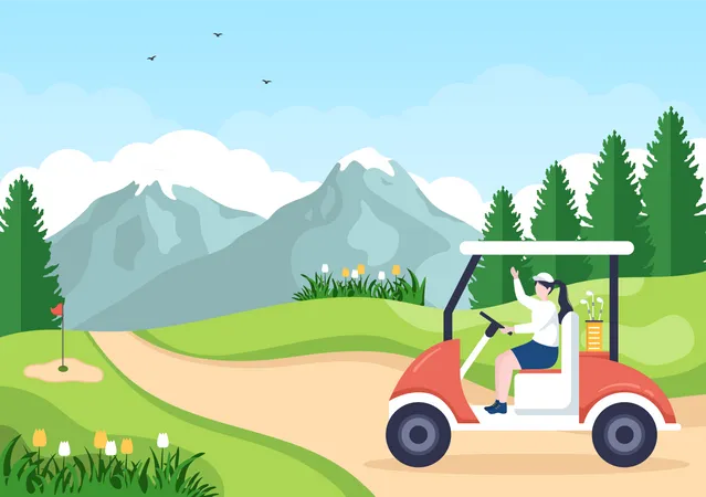 Girl driving golf cart  Illustration