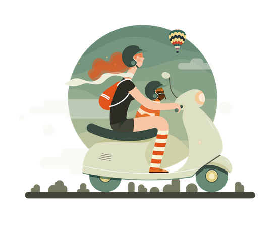 Girl driving scooter with her pet  Illustration