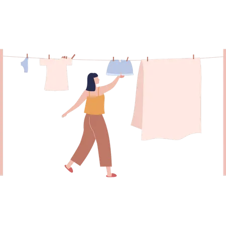 Girl drying clothes  Illustration