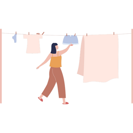 Girl drying clothes  Illustration