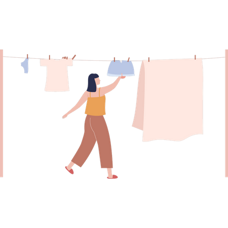 Girl drying clothes  일러스트레이션