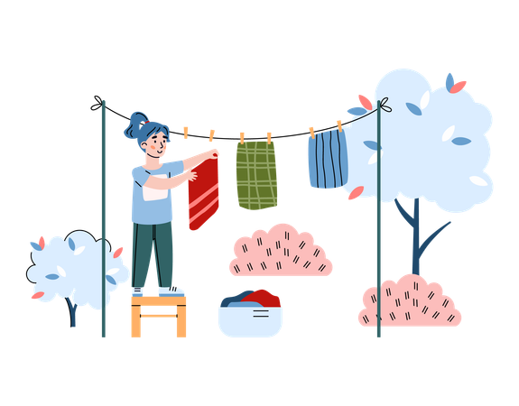 Girl drying clothes on rope  Illustration