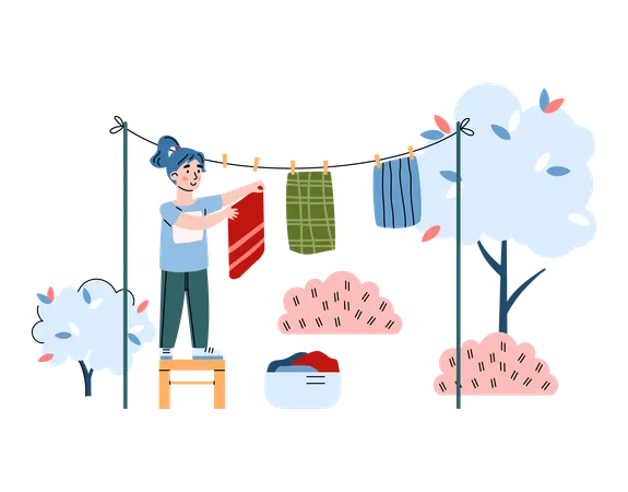 Girl drying clothes on rope  Illustration