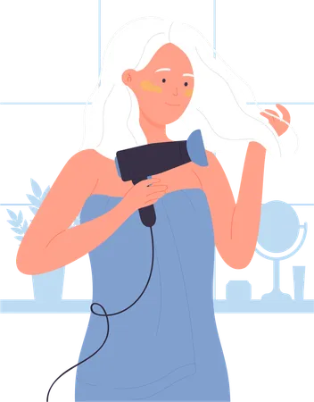 Girl drying hair using drier  Illustration