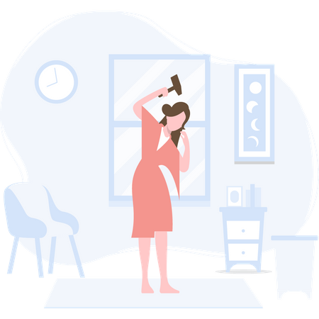 Girl drying hairs after shower using hair dryer Illustration