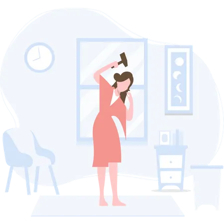 Girl drying hairs after shower using hair dryer Illustration