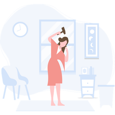 Girl drying hairs after shower using hair dryer  Illustration