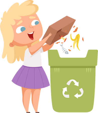Girl dumping biodegradable food items into bin Illustration