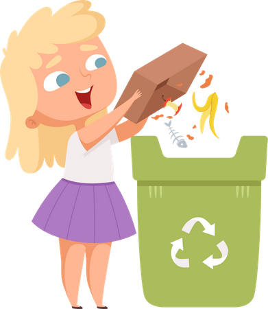 Girl dumping biodegradable food items into bin  Illustration