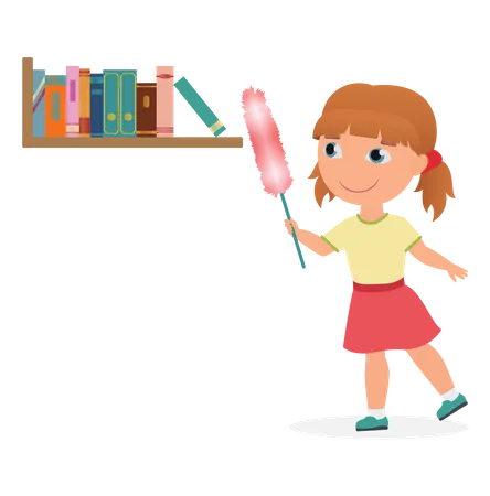 Girl dusting book shelf  Illustration