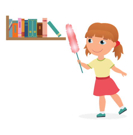 Girl dusting book shelf  Illustration