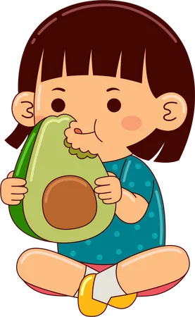 Girl Kids Eating Avocado Illustration