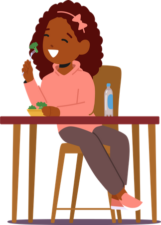 Girl eating broccoli Illustration