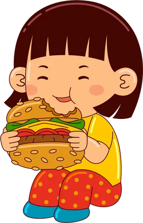 Girl Kids Eating Burger Illustration