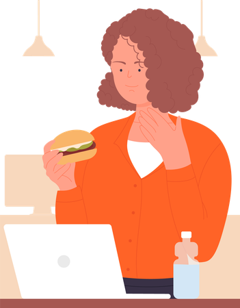 Girl eating burger at office  Illustration