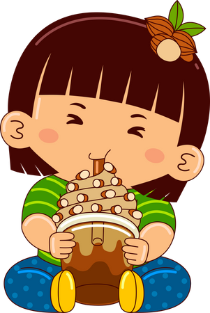 Girl eating coffee almond ice cream  イラスト