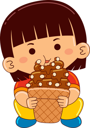 Girl eating coffee almond ice cream cone  Illustration