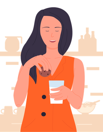 Girl eating cookie with milk  Illustration