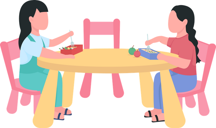 Girl eating dinner in kindergarten Illustration