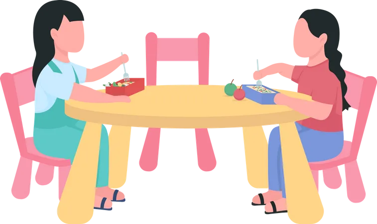 Girl eating dinner in kindergarten  Illustration