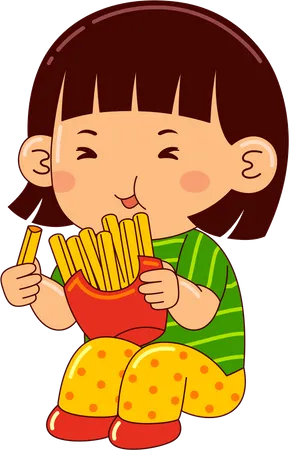 Girl Kids Eating Fries Illustration